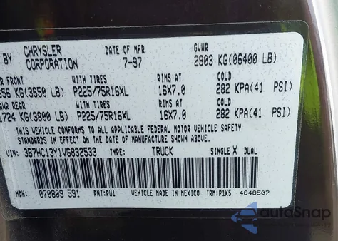 1997 Dodge Ram 1500 St из США, поврежденный, VIN 3B7HC13Y1VG832533